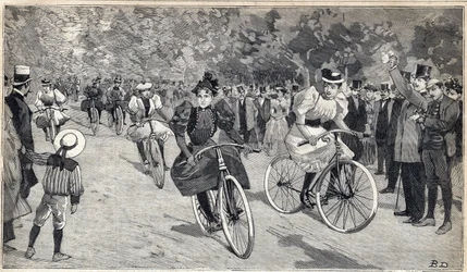 Vrouwenrace van velocipedisten in het Bois de Boulogne bij Parijs. Gravure in 