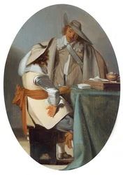 Twee mannen in gesprek aan een tafel (olieverf op paneel)