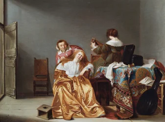 Een interieur met een dame op haar toilet (olieverf op paneel)