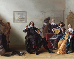Een interieur met vijf elegante figuren rond een tafel, één speelt een luit