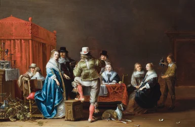Een interieur met negen figuren rond een tafel (olieverf op paneel)