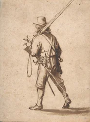 Een wandelende musketier, gezien van achteren, 17e eeuw