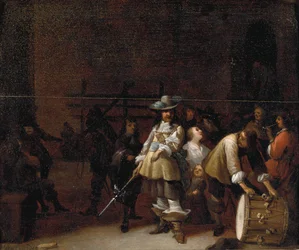 Een wachtkamerinterieur met een ridder die met een trommelaar praat