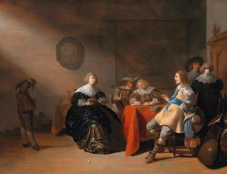 Een interieur met een gezelschap aan een tafel