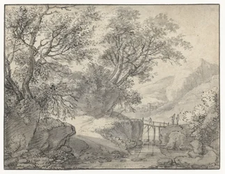 Berglandschap met bomen en een brug over een beek