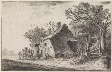 De aankomst van de reizigers bij de herberg (nr. 2 uit een serie van 12 prenten)