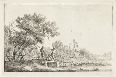 Drie vissers op een brug