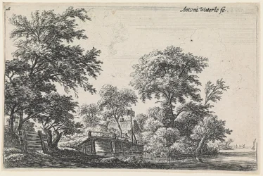 Landschap met linksonder een houten hek (nr. 1 uit een serie van 12 prenten)