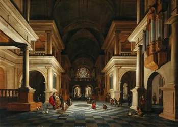 Het interieur van een kerk met elegante figuren, 1632