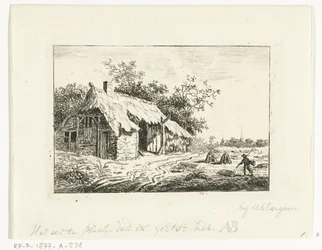 Hooimakende boer voor een boerderij bij Ubbergen