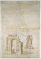 Recto: Panoramisch uitzicht op Tarragona vanuit het zuiden (zeewaarts) Verso: Schetsen van Romeinse ruïnes in Tarragona en van een fort