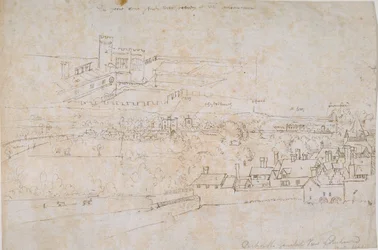 Blad met studies van de paleizen van Hampton Court, Richmond en omliggende platteland, ca. 1560s
