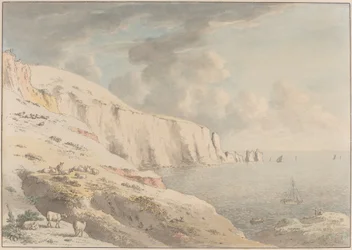 Uitzicht op de Needles en Witte Kliffen vanaf Allum Bay, Isle of Wight