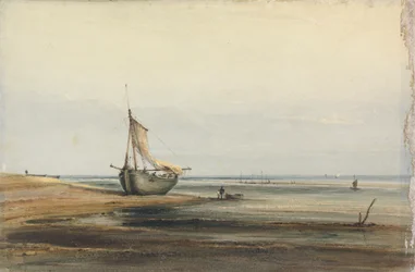 Kustscène met een gestrande boot