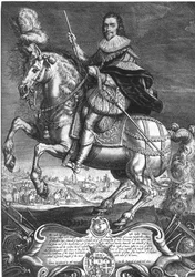 Ruiterportret van George Villiers (1592-1628) 1e Hertog van Buckingham, gegraveerd door Willem de Passe (1598-1637) 1625