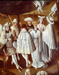 Liefdestuin aan het hof van Filips III de Goede, hertog van Bourgondië, in de tuinen van het kasteel van Hesdin in 1432. Feesten ter gelegenheid van het huwelijk van zijn kamerheer André de Toulongeon. Detail. Schilderij van Anton van Dyck (1599-1641)