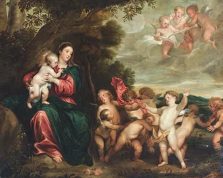 De Madonna met kind in een landschap begroet door het kindje Baptist en engelen (Olieverf op doek).