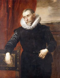 Portret van Frans Snyders, halflang, in zwart kostuum, leunend op een stoel, een landschap op de achtergrond
