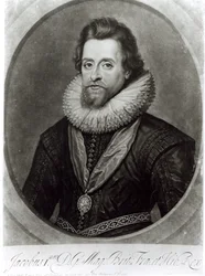 Portret van James I (1566-1625) naar een miniatuur van Nicholas Hilliard (1547-1619) uit 1617, gegraveerd door George Vertue (1684-1756)