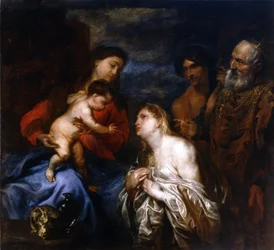 Spanish:  La Virgen y el Niño con los pecadores arrepentidos De maagd en het kind met de drie berouwvolle zondaars, Maria Magdalena, koning David en de verloren zoon