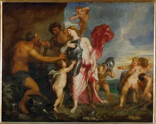 Thetis ontvangt wapens en harnassen voor Achilles van Hephaistos (schilderij op doek)