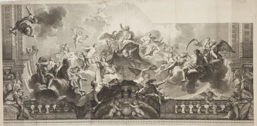 Ontwerp van het Centrale Paneel van het Plafond van de Grote Galerij van het Palais Royal, gegraveerd door Nicolas Henri Tardieu (1674-1749)
