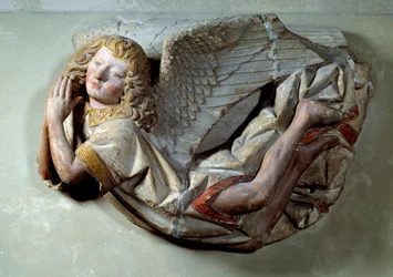Vliegende engel. Reliëf in polychroom kalksteen toegeschreven aan Antoine le Moiturier (ca. 1490)