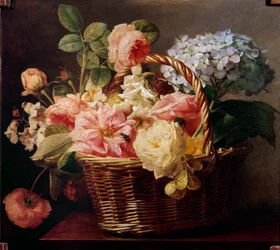 Boeketten bloemen in een mand