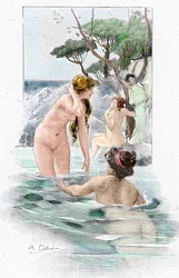 Odyssee van Homerus: Nausicaa, dochter van koning Alcinous, en haar dienstmaagden wassen hun kleren in de rivier. Illustratie door Antoine Calbet (1860-1944) voor de Odyssee van de Griekse dichter Homerus, 1897, privécollectie