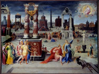 De Sibylle van Tibur. De Romeinse keizer Augustus vraagt de Sibylle of er een man groter dan hij bestaat. Een maagd verschijnt aan hem met een kind in haar armen en voorspelt daarmee de komst van de Verlosser. Schilderij van Antoine Caron (1521-1599)