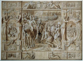 De Onderwerping van Milaan De troepen van Francois I namen de stad Milaan in na de overwinning in de Slag bij Marignan in 1515. Tekening in pen en wassing door Antoine Caron (1521-1599) 16e eeuw Parijs, Louvre Museum