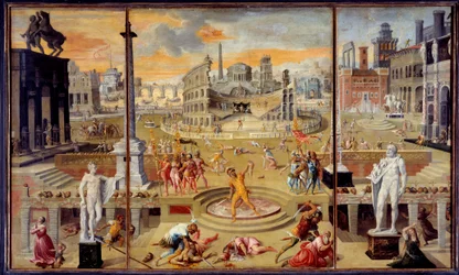De massaslachtingen van het triumviraat: dit is de massaslachting van de republikeinse oppositie, die in 43 v.Chr. in Rome plaatsvond door het triumviraat van Octavius Caesar (Augustus), Antonius en Lepidus. 1566. Hoogte 1,16 x 1,95 m, Parijs, L.