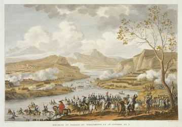 De slag en oversteek van de Tagliamento, 26 Ventose, Jaar 5 (maart 1797) gegraveerd door Jean Duplessi-Bertaux