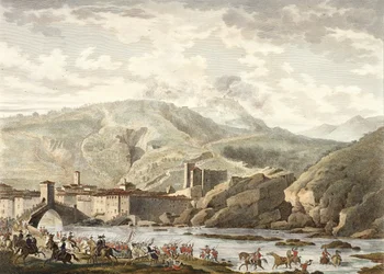 De slag bij Millesimo, 25 Germinal, Jaar 4 (april 1796) gegraveerd door Jean Duplessi-Bertaux (1747-1819) (aquatint)