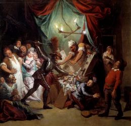 Don Quichot vernielt de marionetten waarvan hij denkt dat het Moren zijn. ‘De vernuftige edelman Don Quichot van La Mancha’ van Miguel de Cervantes Saavedra (1547-1616).