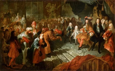 Lodewijk XIV ontvangt de Perzische ambassadeur in de Spiegelzaal van Versailles, 19 februari 17