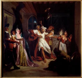 Slapende Don Quichot vecht tegen de wijnzakken. De vernuftige edelman Don Quichot van La Mancha door Miguel de Cervantes Saavedra