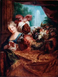 Jong meisje dat een hond aait en een zwarte bediende die een mand fruit aanbiedt. Een aapje ligt op haar schouder. 28 x 21,5 cm, Parijs, Musée du Louvre
