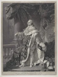 Le Sacre - Portret van Koning Lodewijk XVI in kroningsregalia (gegraveerd door Charles-Clément Bervic)