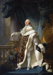 Frans: Louis XVI, roi de France et de Navarre, revêtu du grand costume royal en 1779 Louis XVI, koning van Frankrijk en Navarra, draagt zijn grote koninklijke kostuum in 1779
