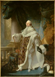 Portret van koning van Frankrijk Louis XVI (1754-1793) in zijn kroningskostuum in 1779