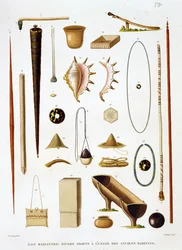 Huishoudelijke gebruiksvoorwerpen en wapens van de Mariannas Eilanden, uit Voyage autour du Monde (1817-20), door Louis Claude Desaulses de Freycinet (1779-1842) gegraveerd door Jean Louis Denis Coutant (1776-1831), p
