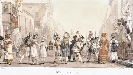 Carnavalskostuums, door Antoine-Jean-Baptiste Thomas (1791-1833), aquarel. Italië