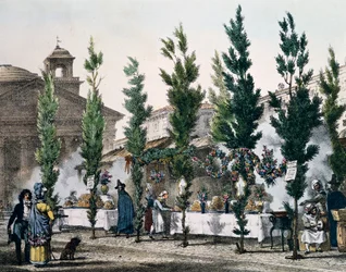 Voedselverkopers bij het Pantheon tijdens het feest van St. Joseph, gravure door Antoine Jean-Baptiste Thomas (1791-1834) uit Un an a Rome et dans ses environs, Frankrijk