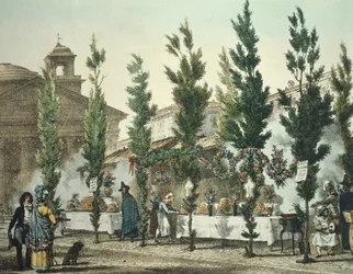 Straatvoedselverkopers bij het Pantheon, prent