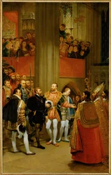 Keizer Karl V ontvangen door koning François I in de abdij van St.Denis ...