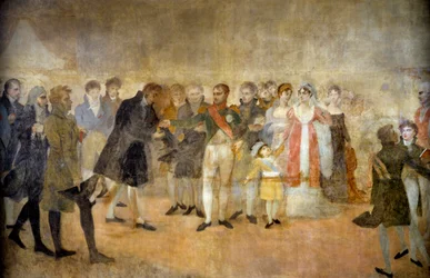 Keizer Napoleon I bezoekt de Salon du Louvre en reikt de kruisen van het Legioen van Eer uit aan kunstenaars 22/10/1808