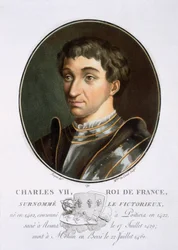 Karel VII, uit Portraits des grands hommes, femmes illustres, et sujets mémorables de France, gegraveerd en gedrukt in kleuren, uitgegeven door Pierre Blin, 1786-92, Parijs