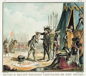 Henri II (1519-59) ontvangt Jean de Tavanes als ridder in zijn Orde, gegraveerd door Roger, 1788