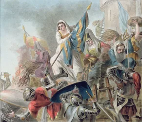 Jeanne Laisne Heft een Standaard Tegen de Mannen van Bourgogne, gegraveerd door Morret (fl. 1790-1820) 1787